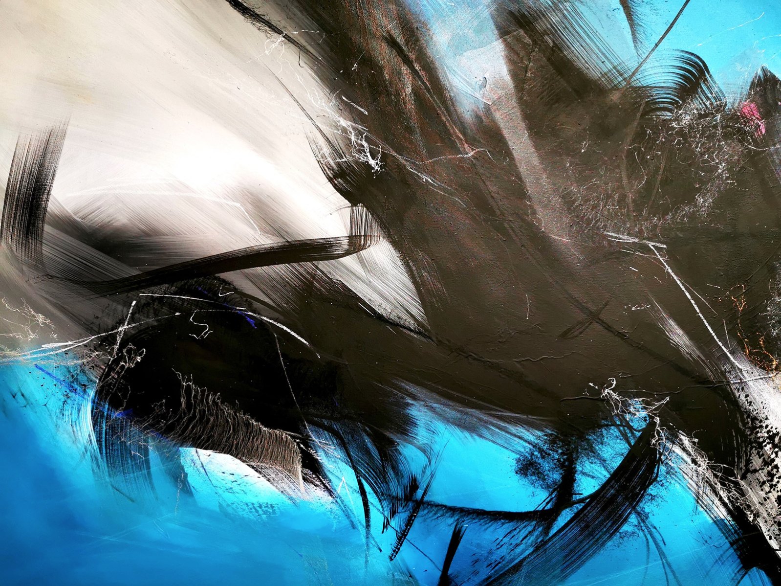 Abstract painting in cyan, black, warm brown and white, with sweeping dry brush strokes and fine scratched white lines.
